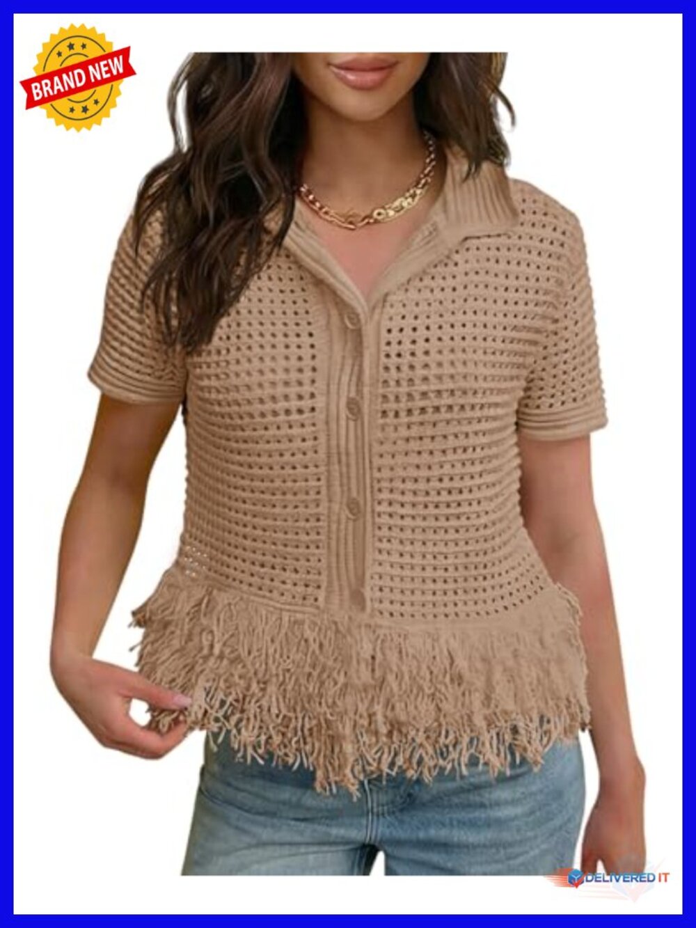 Crochet Cardigan Short Sleeve Fringe Collared Button Up Boho Knit Top